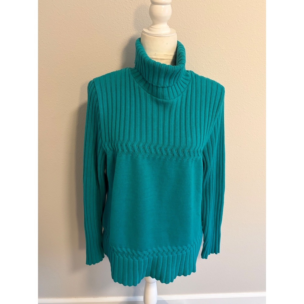 Coldwater Creek Turquoise Chevron  Ribbed Turtleneck Sweater 100% Cotton Large